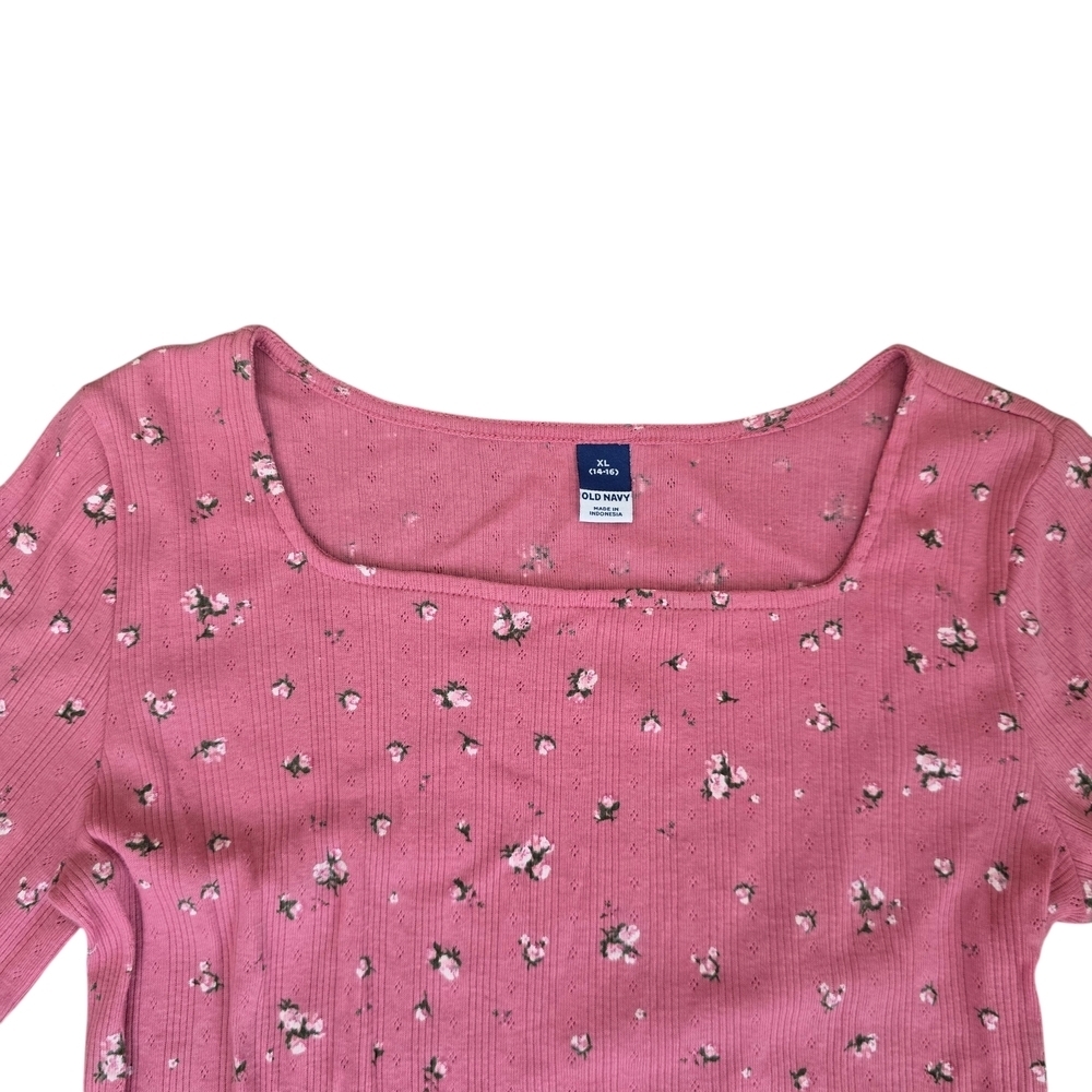 Old Navy Top Shirt Pink Floral Long Sleeve Pull Over Ribbed Girls Sizes XL 14 16 - Picture 2 of 9